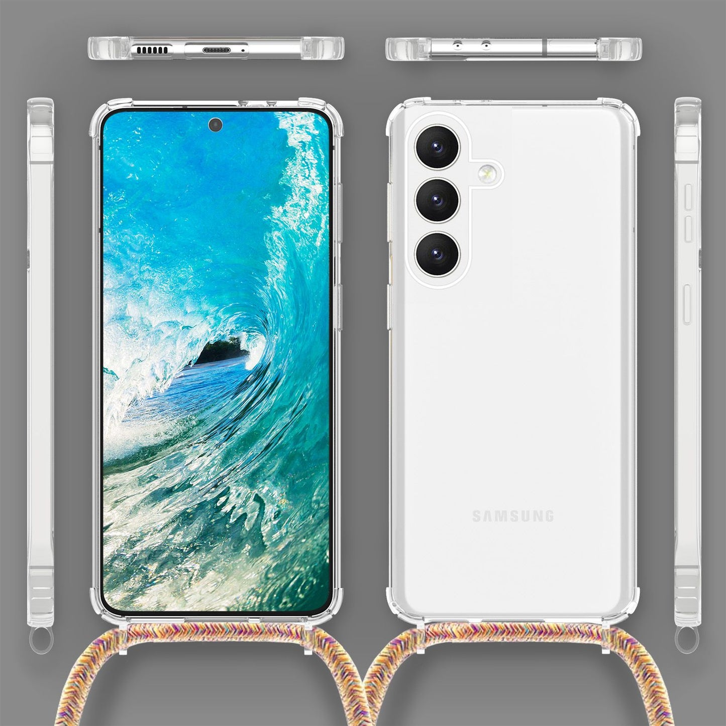 NALIA Husă de protecție transparentă cu lanț pentru Samsung Galaxy S24, husă de telefon transparentă și rezistentă cu curea pentru purtare în jurul gâtului