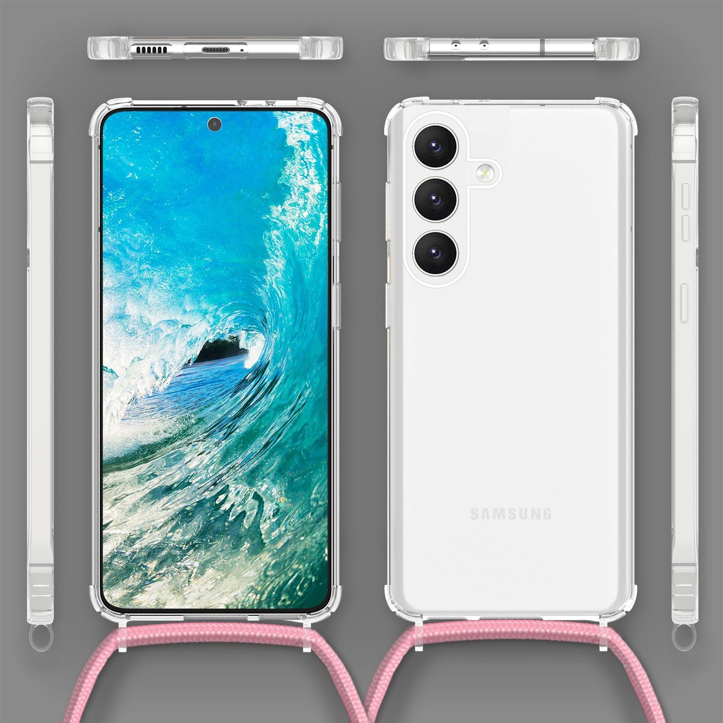 NALIA Husă de protecție transparentă cu lanț pentru Samsung Galaxy S24, husă de telefon transparentă și rezistentă cu curea pentru purtare în jurul gâtului