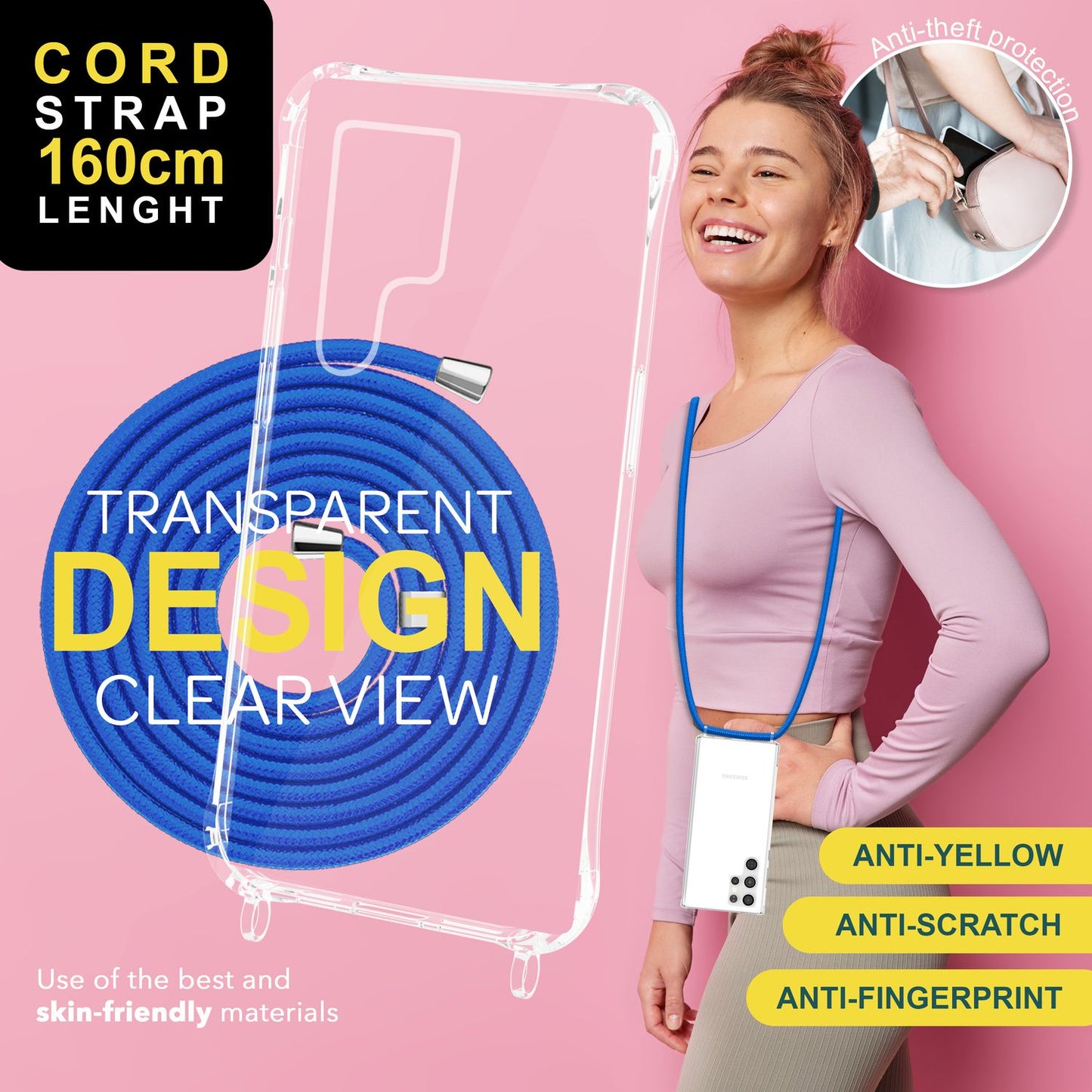 NALIA Husă de protecție transparentă cu lanț pentru Samsung Galaxy S24 Ultra, husă de telefon transparentă și rezistentă cu șnur