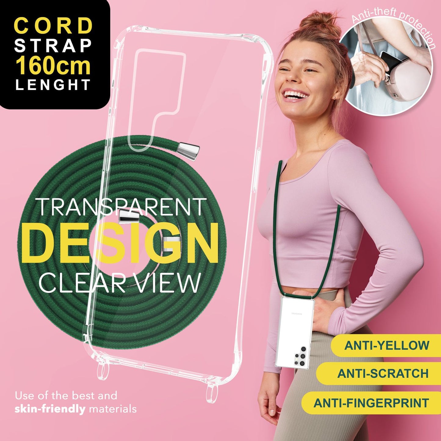 NALIA Husă de protecție transparentă cu lanț pentru Samsung Galaxy S24 Ultra, husă de telefon transparentă și rezistentă cu șnur