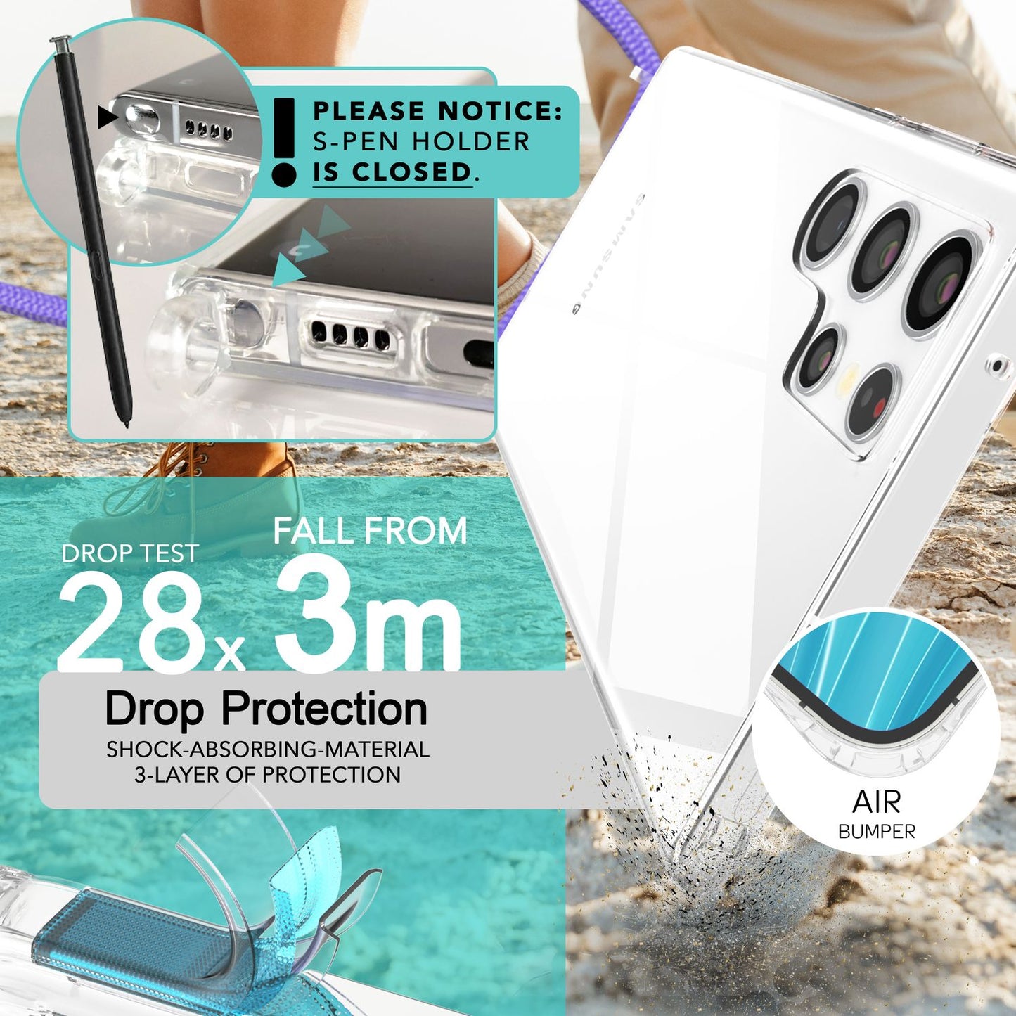 NALIA Husă de protecție transparentă cu lanț pentru Samsung Galaxy S24 Ultra, husă de telefon transparentă și rezistentă cu șnur