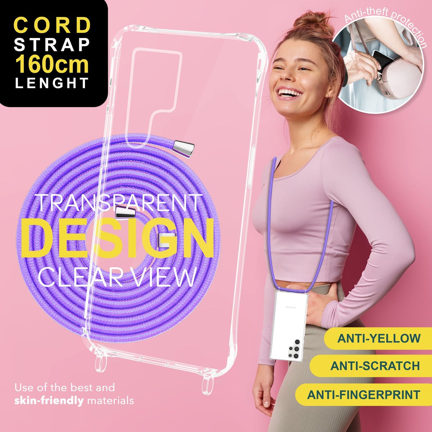 NALIA Husă de protecție transparentă cu lanț pentru Samsung Galaxy S24 Ultra, husă de telefon transparentă și rezistentă cu șnur