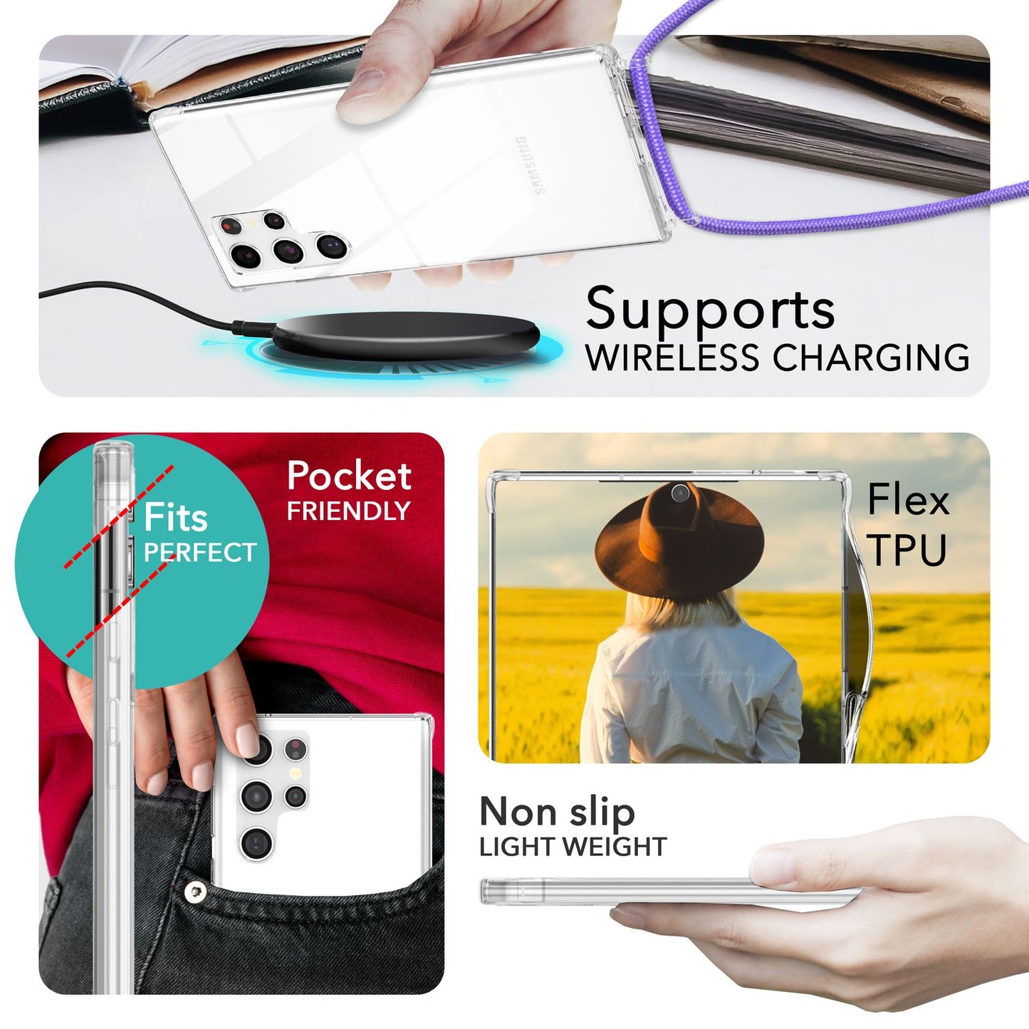 NALIA Husă de protecție transparentă cu lanț pentru Samsung Galaxy S24 Ultra, husă de telefon transparentă și rezistentă cu șnur