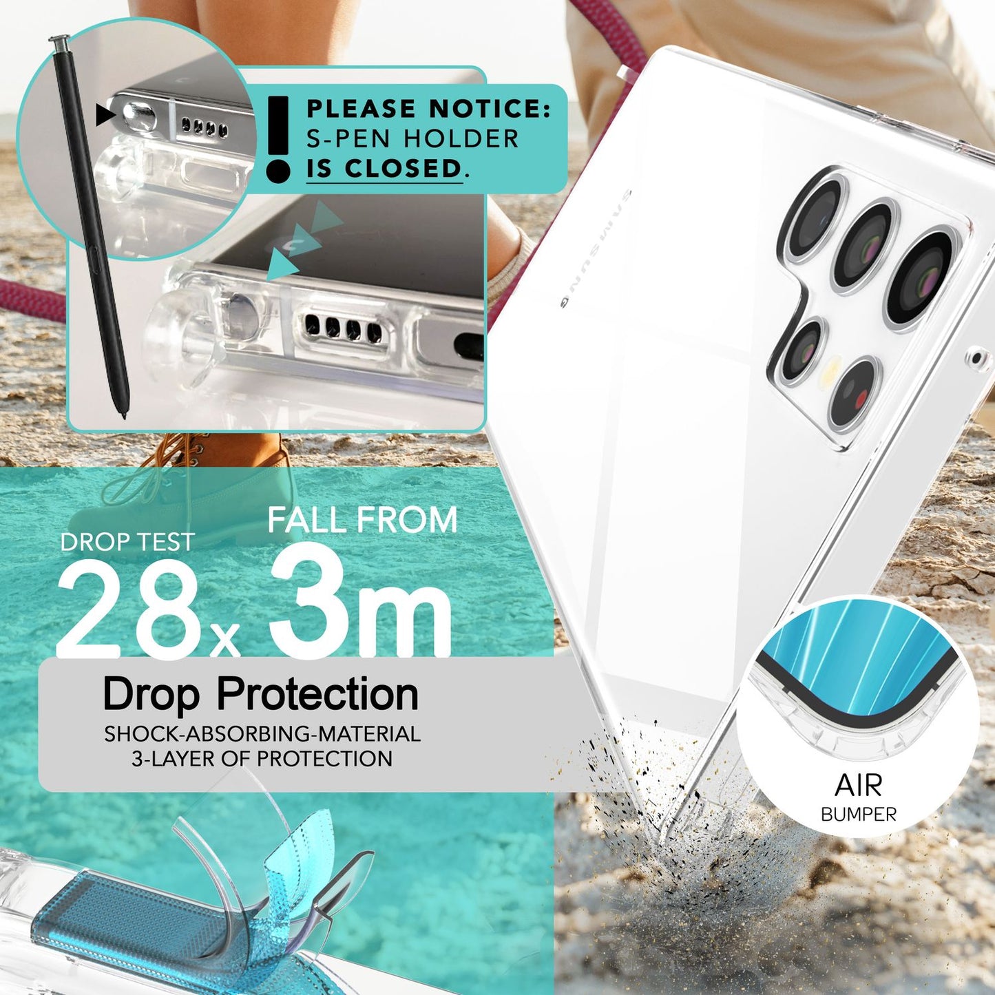 NALIA Husă de protecție transparentă cu lanț pentru Samsung Galaxy S24 Ultra, husă de telefon transparentă și rezistentă cu șnur