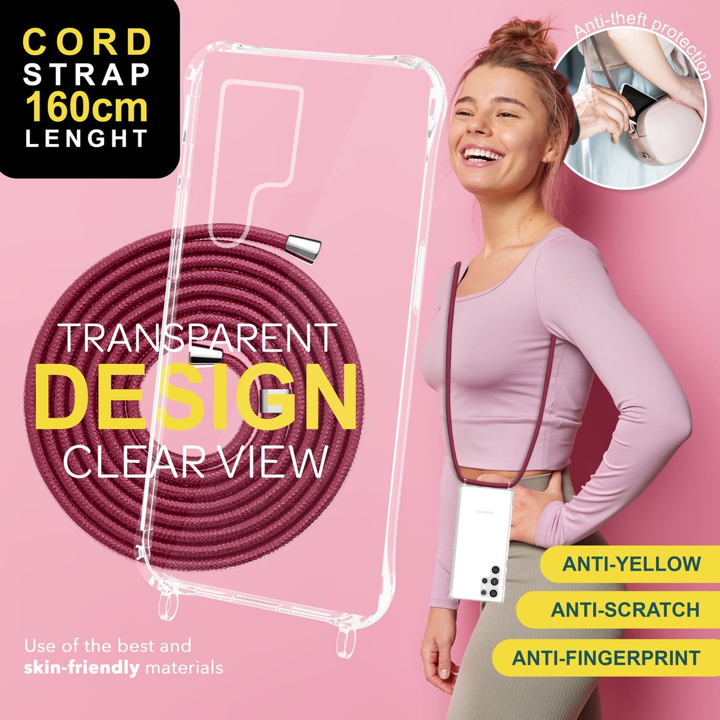 NALIA Husă de protecție transparentă cu lanț pentru Samsung Galaxy S24 Ultra, husă de telefon transparentă și rezistentă cu șnur