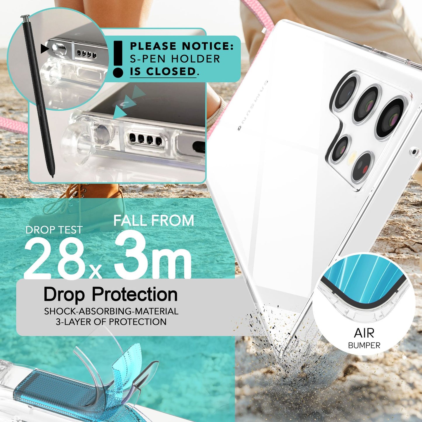 NALIA Husă de protecție transparentă cu lanț pentru Samsung Galaxy S24 Ultra, husă de telefon transparentă și rezistentă cu șnur