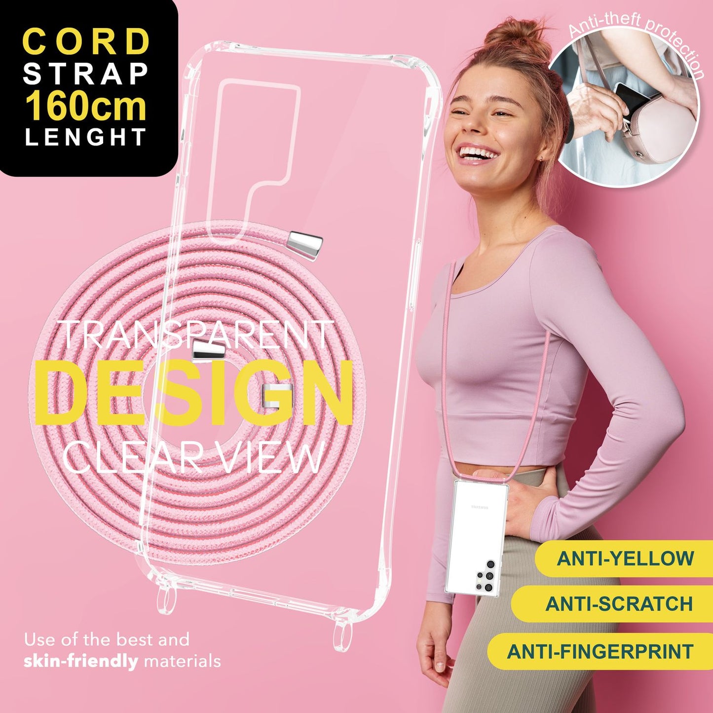 NALIA Husă de protecție transparentă cu lanț pentru Samsung Galaxy S24 Ultra, husă de telefon transparentă și rezistentă cu șnur