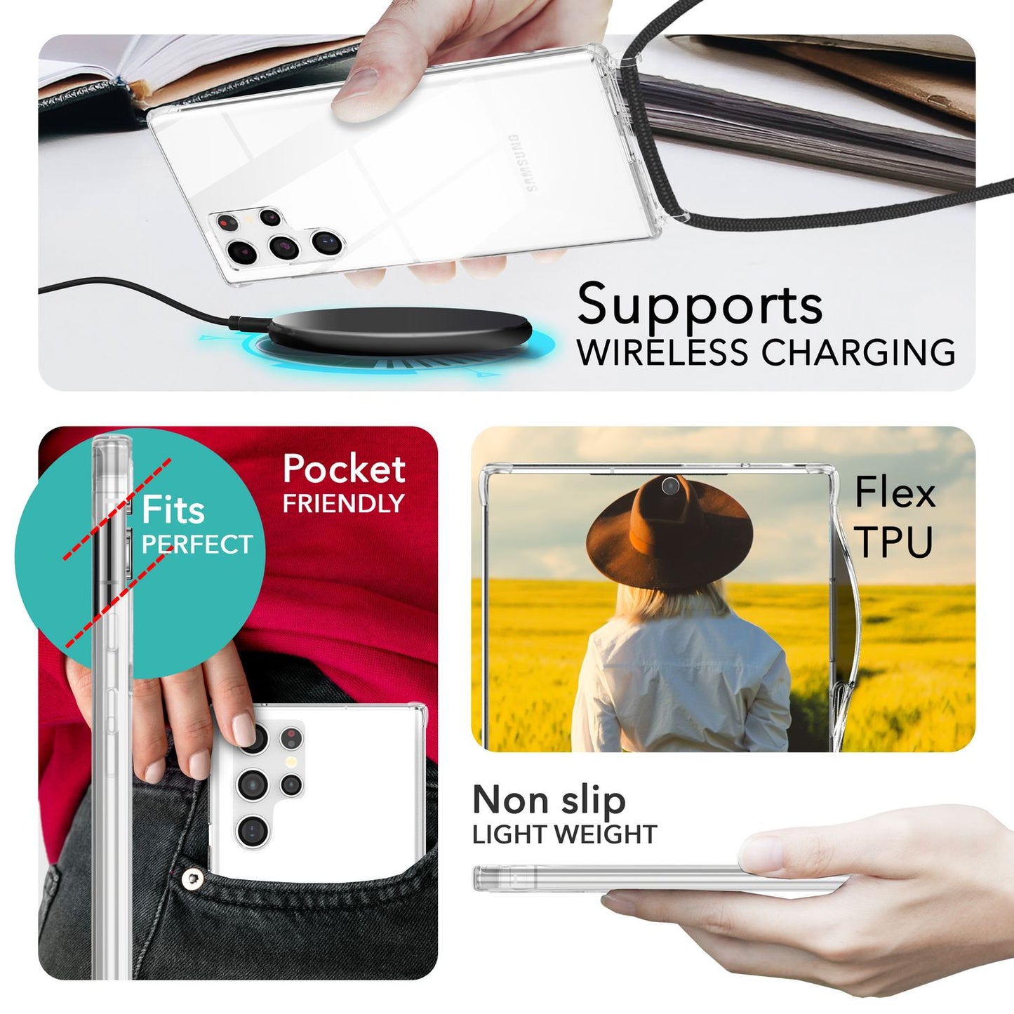 NALIA Husă de protecție transparentă cu lanț pentru Samsung Galaxy S24 Ultra, husă de telefon transparentă și rezistentă cu șnur