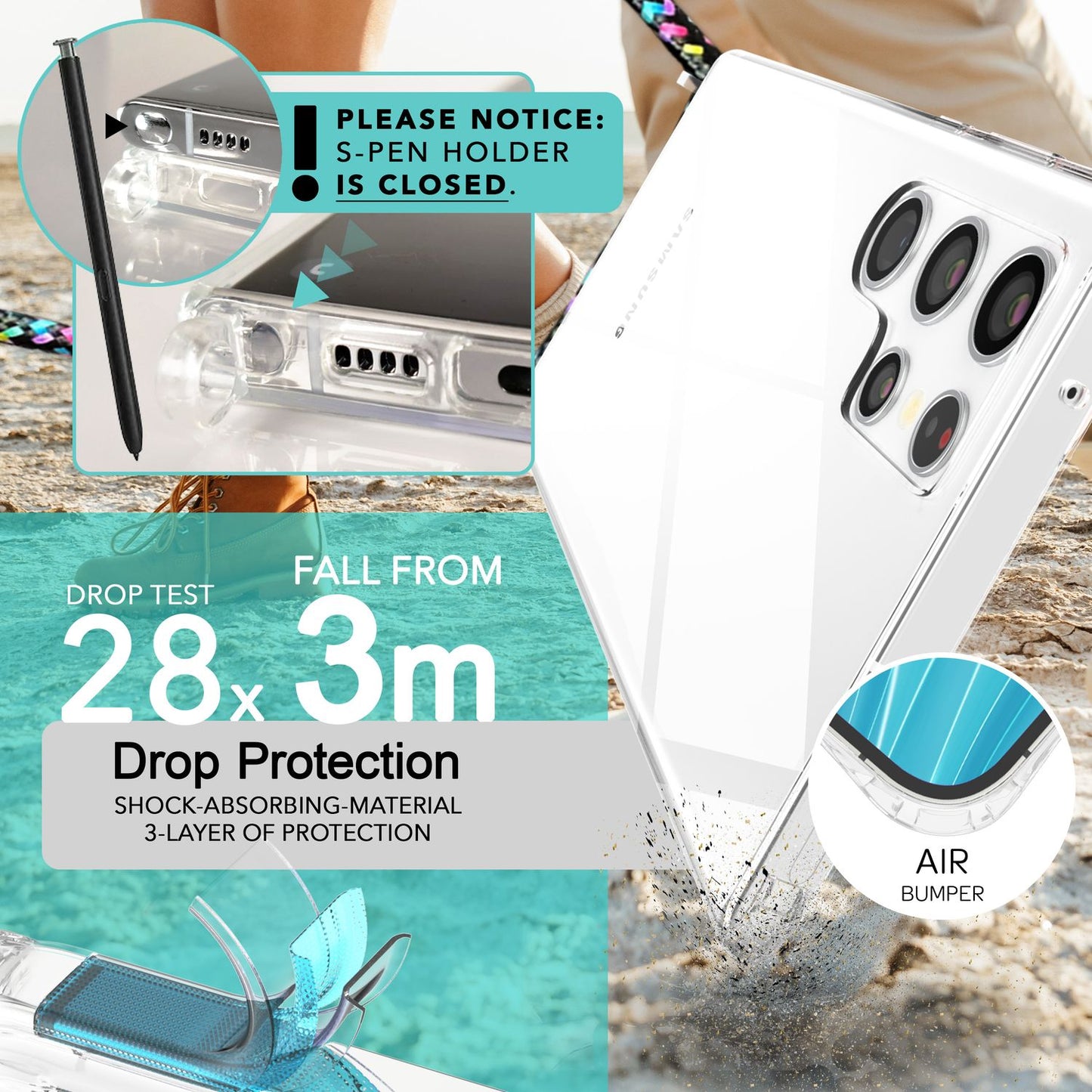 NALIA Husă de protecție transparentă cu lanț pentru Samsung Galaxy S24 Ultra, husă de telefon transparentă și rezistentă cu șnur