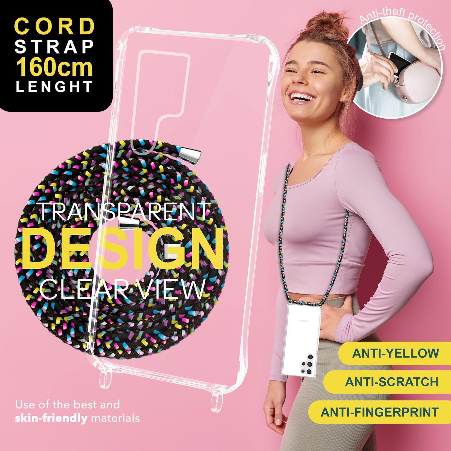 NALIA Husă de protecție transparentă cu lanț pentru Samsung Galaxy S24 Ultra, husă de telefon transparentă și rezistentă cu șnur