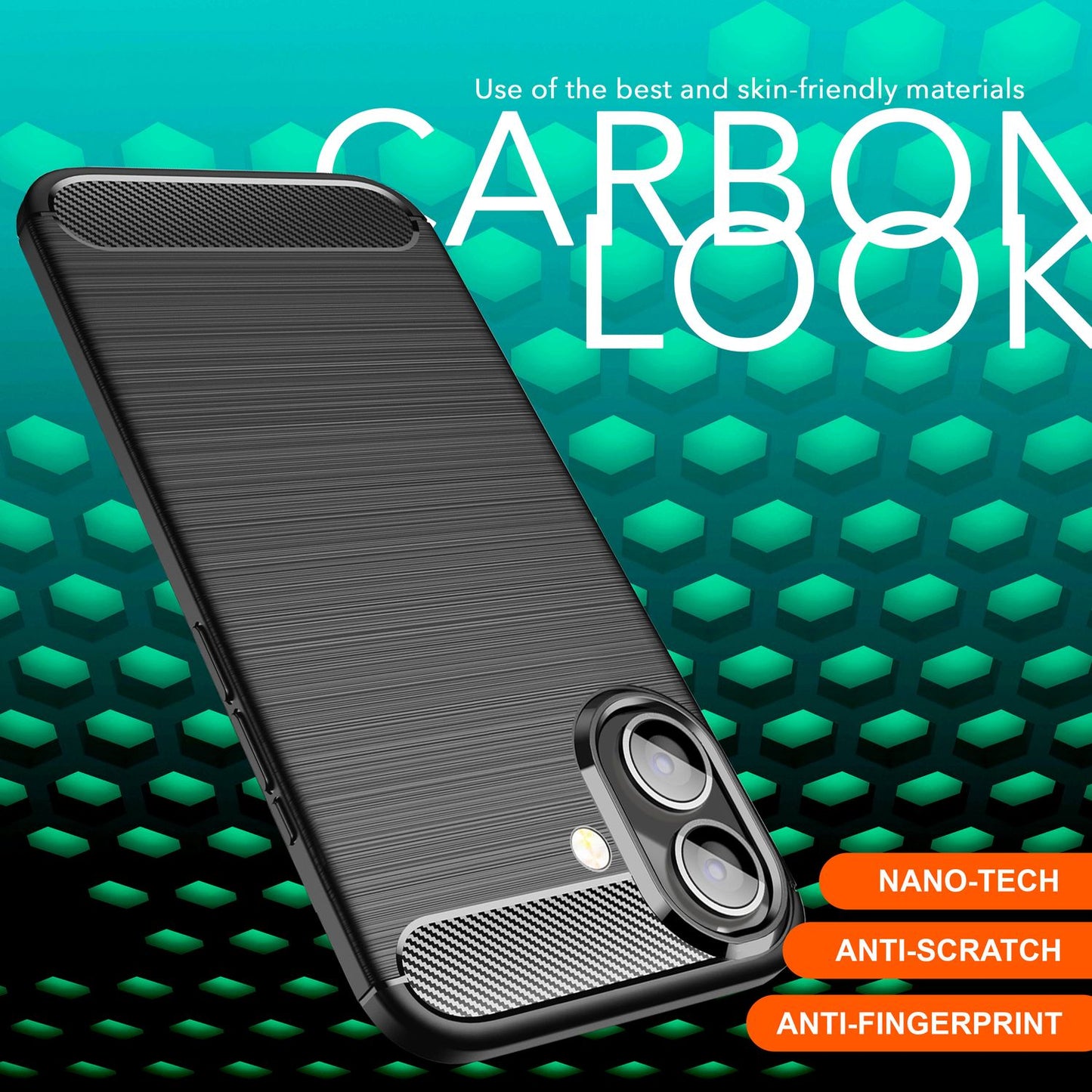 NALIA Carbon Style Hülle für iPhone 16, Matt-Schwarze Silikon Handyhülle in Kohlefaser-Optik, Business Cover Schutzhülle