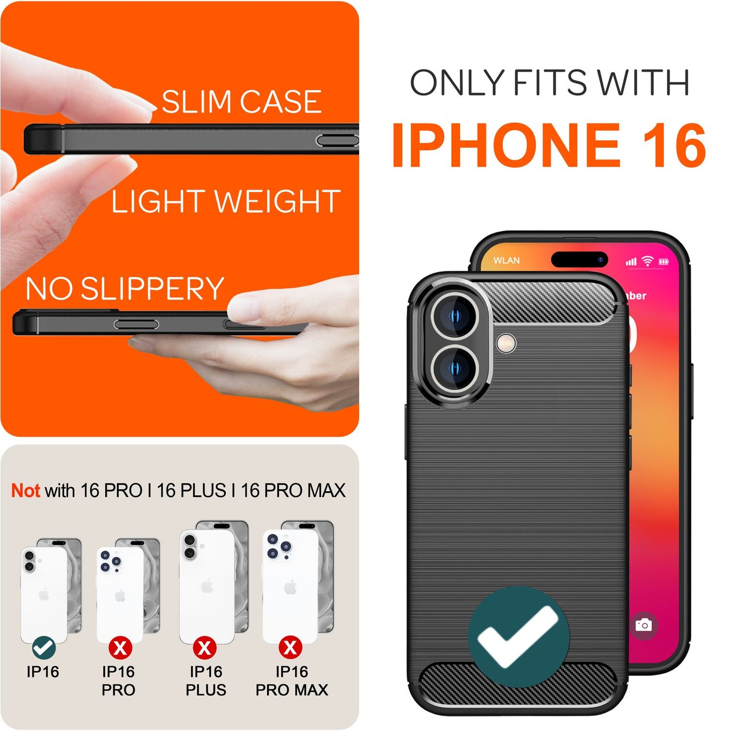 NALIA Carbon Style Hülle für iPhone 16, Matt-Schwarze Silikon Handyhülle in Kohlefaser-Optik, Business Cover Schutzhülle