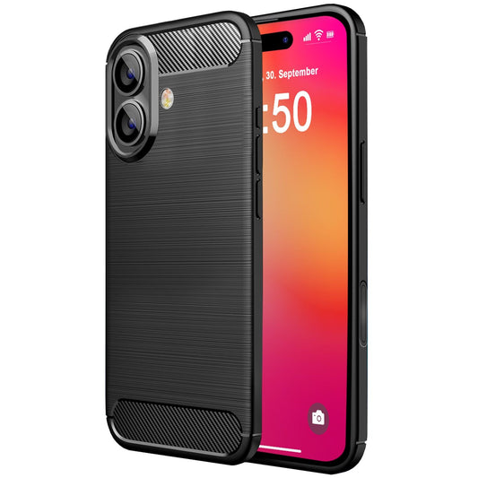 NALIA Carbon Style Hülle für iPhone 16 Plus, Matt-Schwarze Silikon Handyhülle in Kohlefaser-Optik, Slim Business Cover