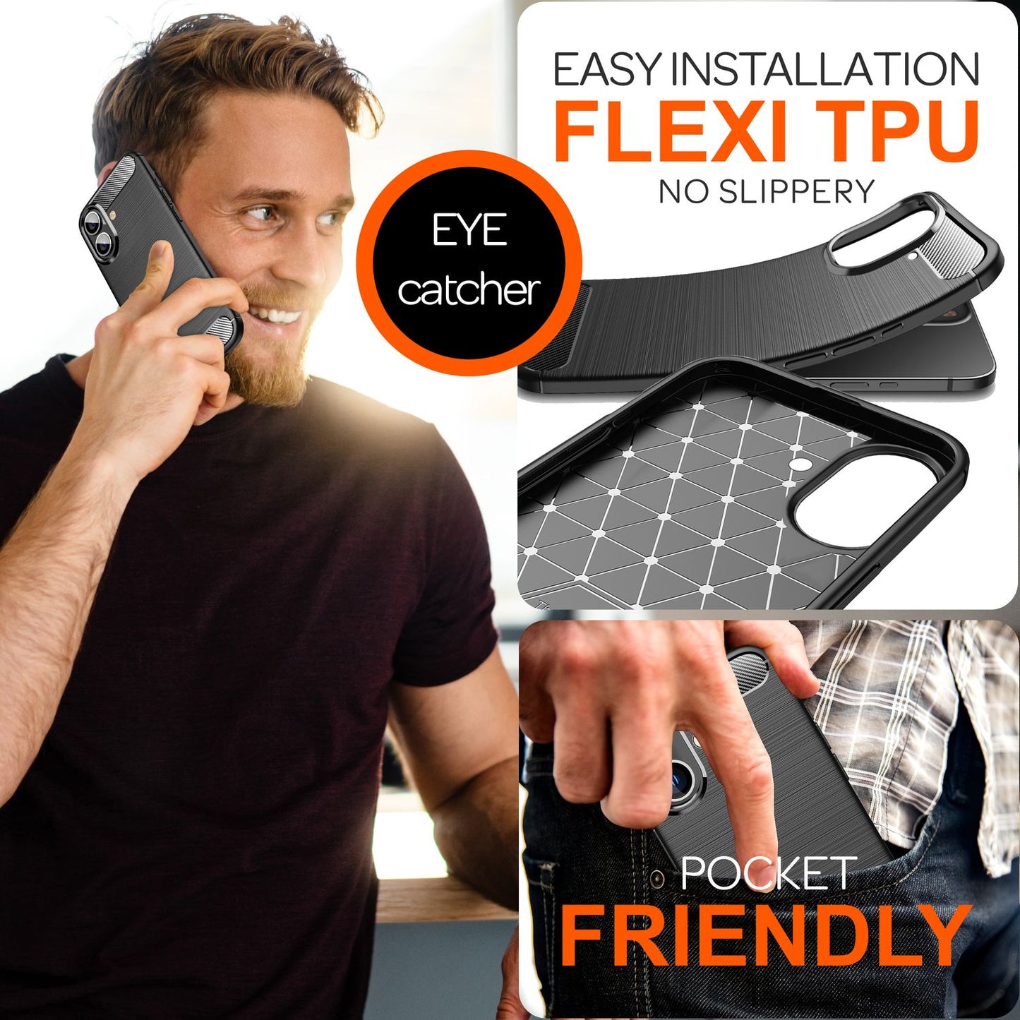 NALIA Carbon Style Hülle für iPhone 16 Plus, Matt-Schwarze Silikon Handyhülle in Kohlefaser-Optik, Slim Business Cover