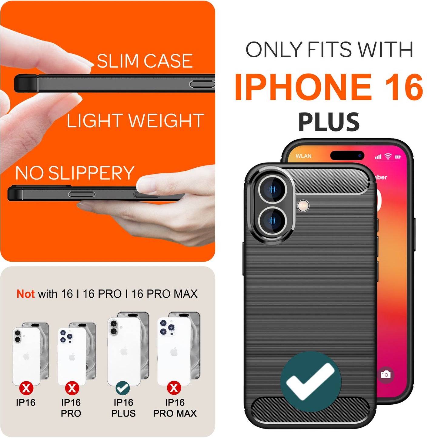 NALIA Carbon Style Hülle für iPhone 16 Plus, Matt-Schwarze Silikon Handyhülle in Kohlefaser-Optik, Slim Business Cover