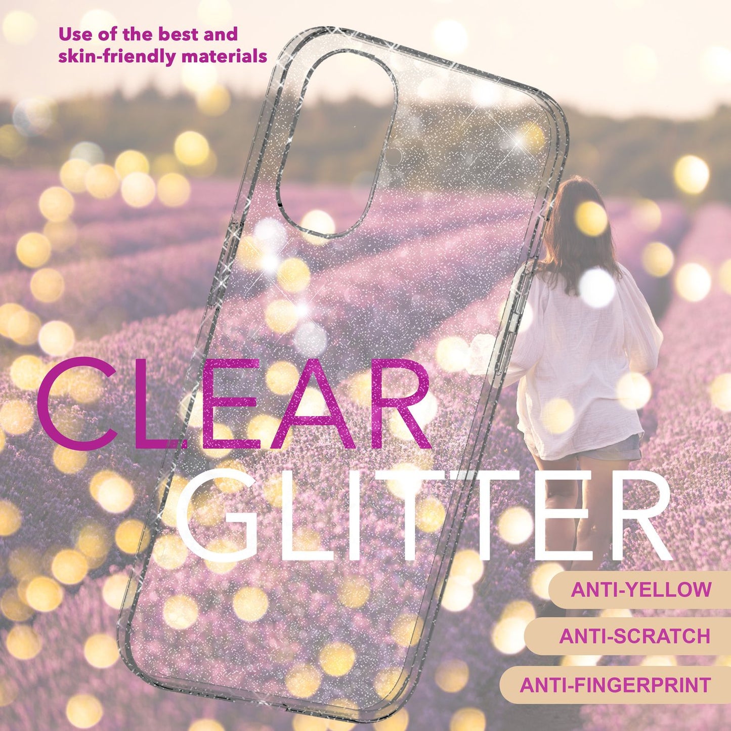 Husă NALIA transparentă cu sclipici - Mărime potrivită, Material silicon, Efect sclipici