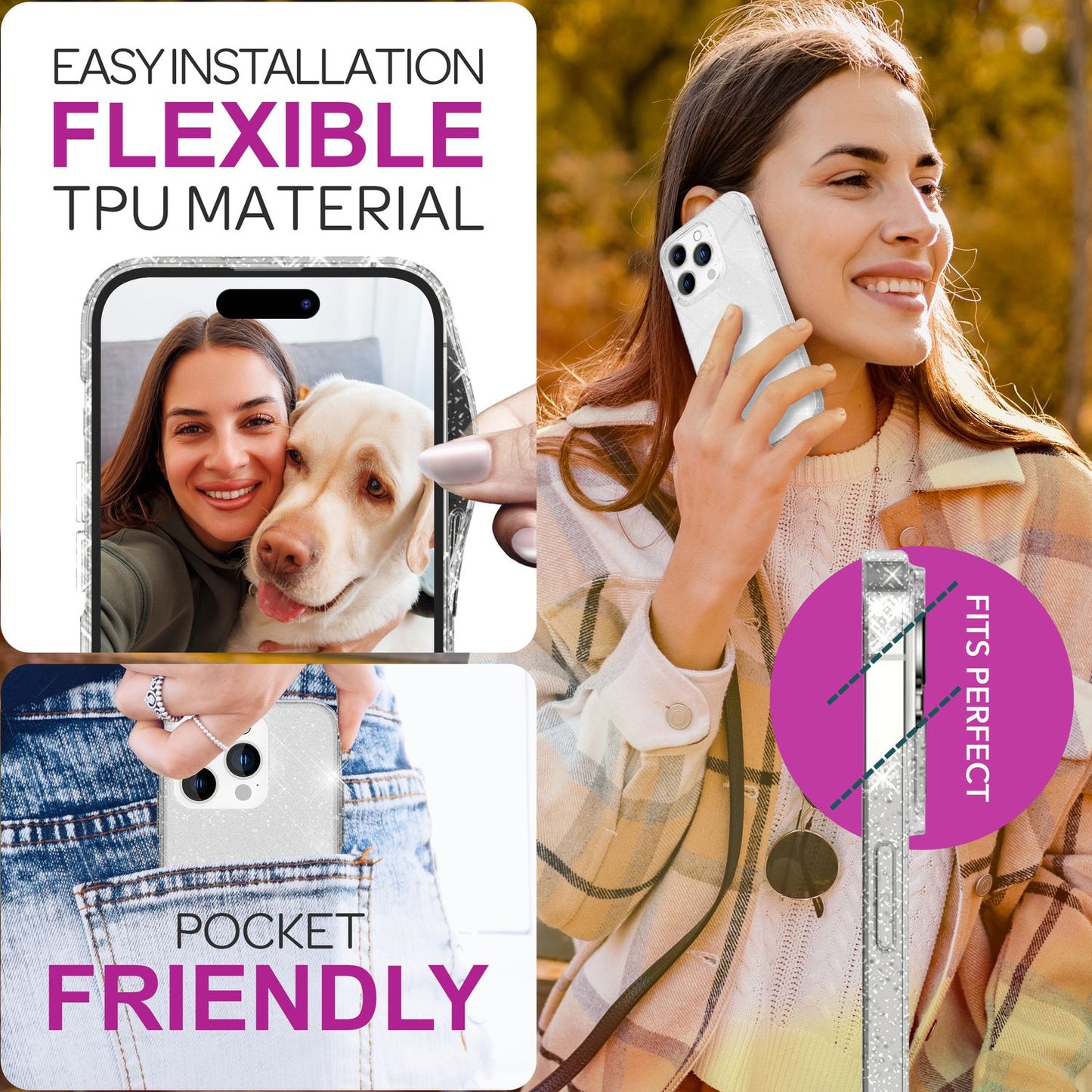 Husa NALIA Dazzlin cu sclipici - Dimensiune: Compatibilă cu iPhone 16 Pro, Material: TPU transparent, Efect sclipici