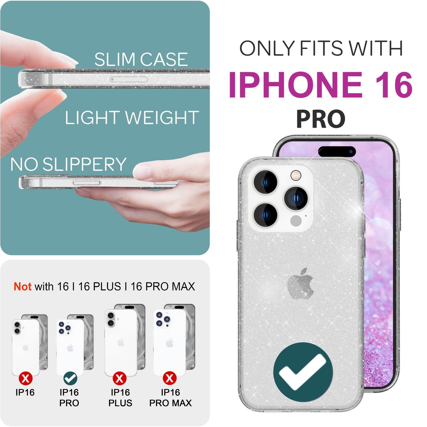 Husa NALIA Dazzlin cu sclipici - Dimensiune: Compatibilă cu iPhone 16 Pro, Material: TPU transparent, Efect sclipici