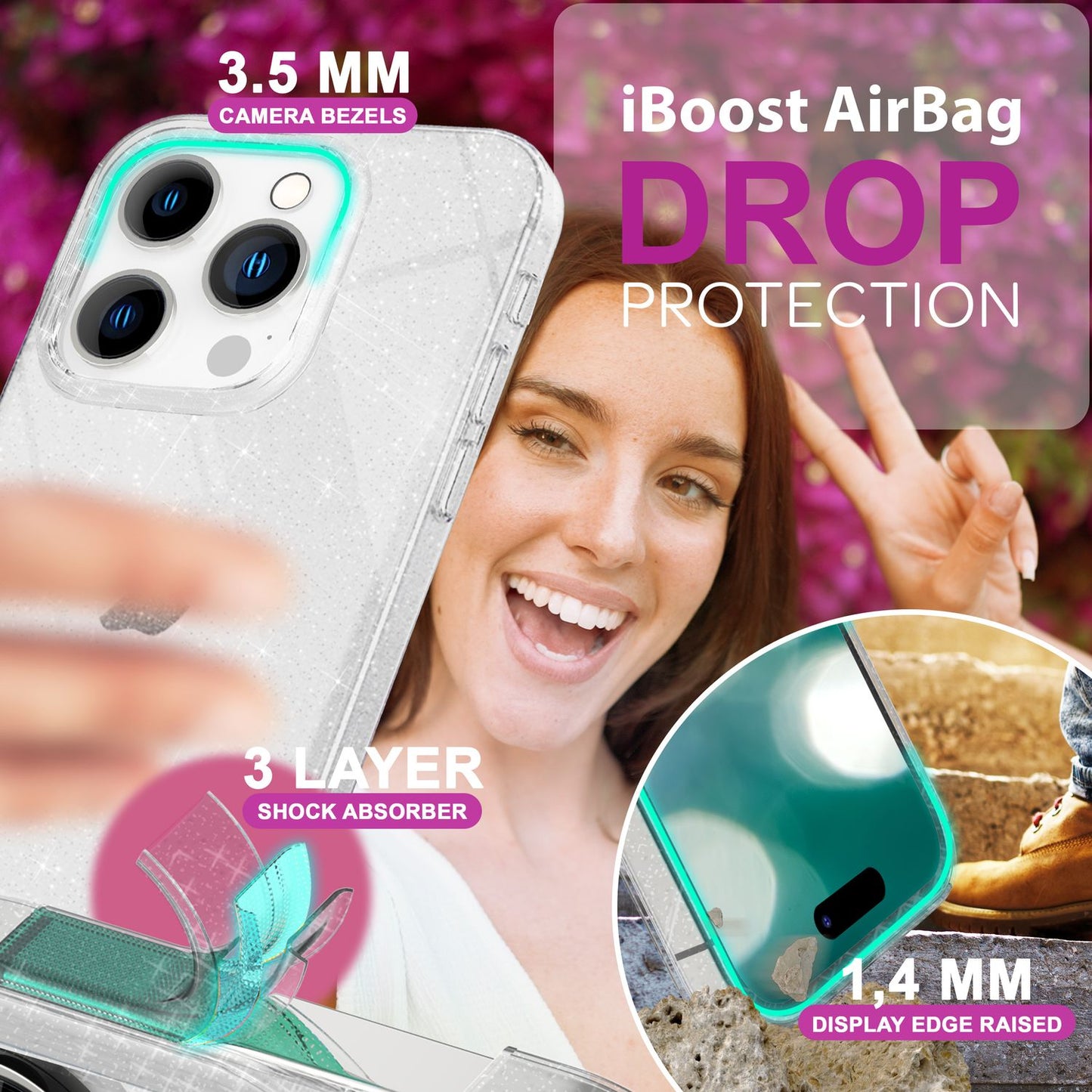 NALIA Iphone 16 Pro Max Durchsichtige Glitzerhülle - Größe 6,7 Zoll, Material TPU Transparent, Glitter-Effekt