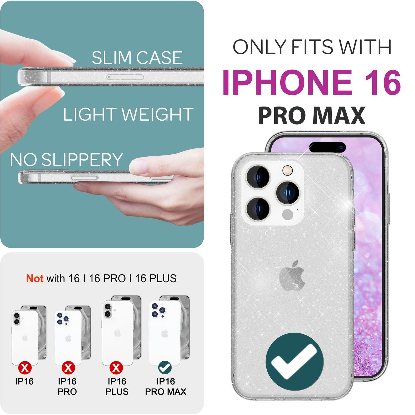 NALIA Iphone 16 Pro Max Durchsichtige Glitzerhülle - Größe 6,7 Zoll, Material TPU Transparent, Glitter-Effekt