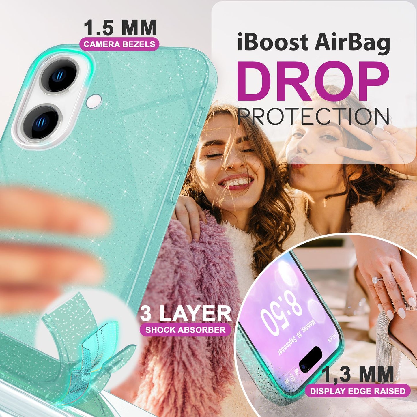 NALIA Glitzer Hybrid Hülle für iPhone 16, Verstärkte Silikon Handyhülle, Glänzende Glitzerhülle Schutz Cover