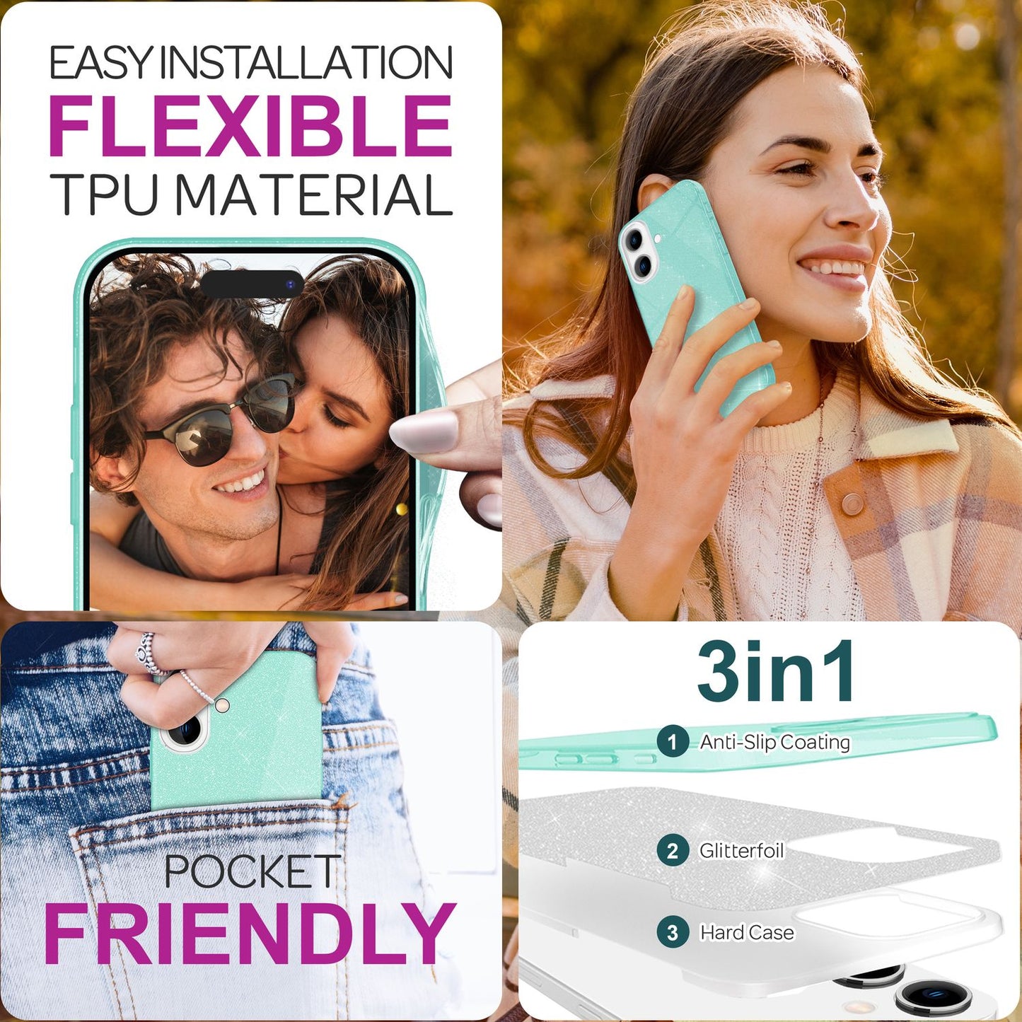 NALIA Glitzer Hybrid Hülle für iPhone 16, Verstärkte Silikon Handyhülle, Glänzende Glitzerhülle Schutz Cover