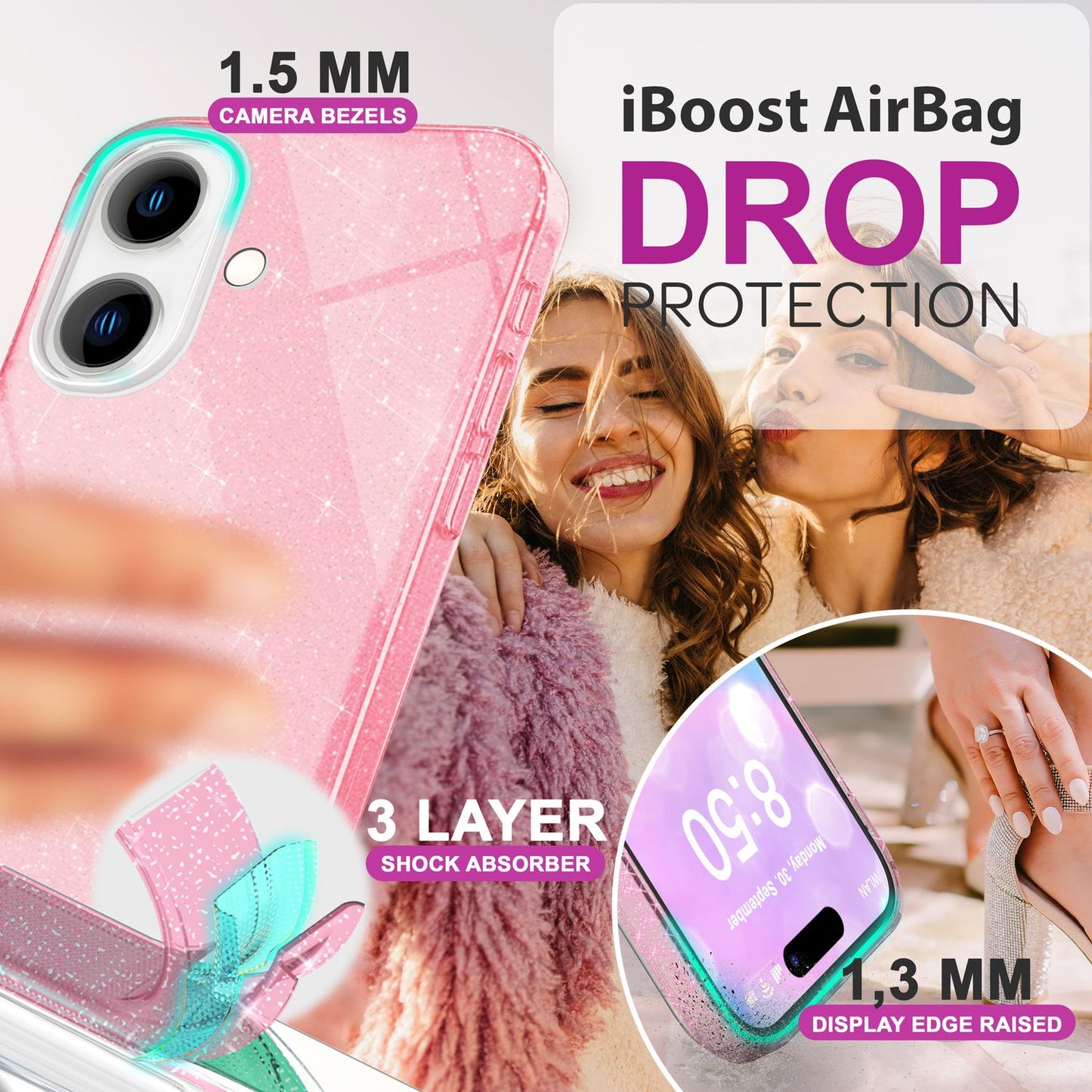 NALIA Glitzer Hybrid Hülle für iPhone 16, Verstärkte Silikon Handyhülle, Glänzende Glitzerhülle Schutz Cover