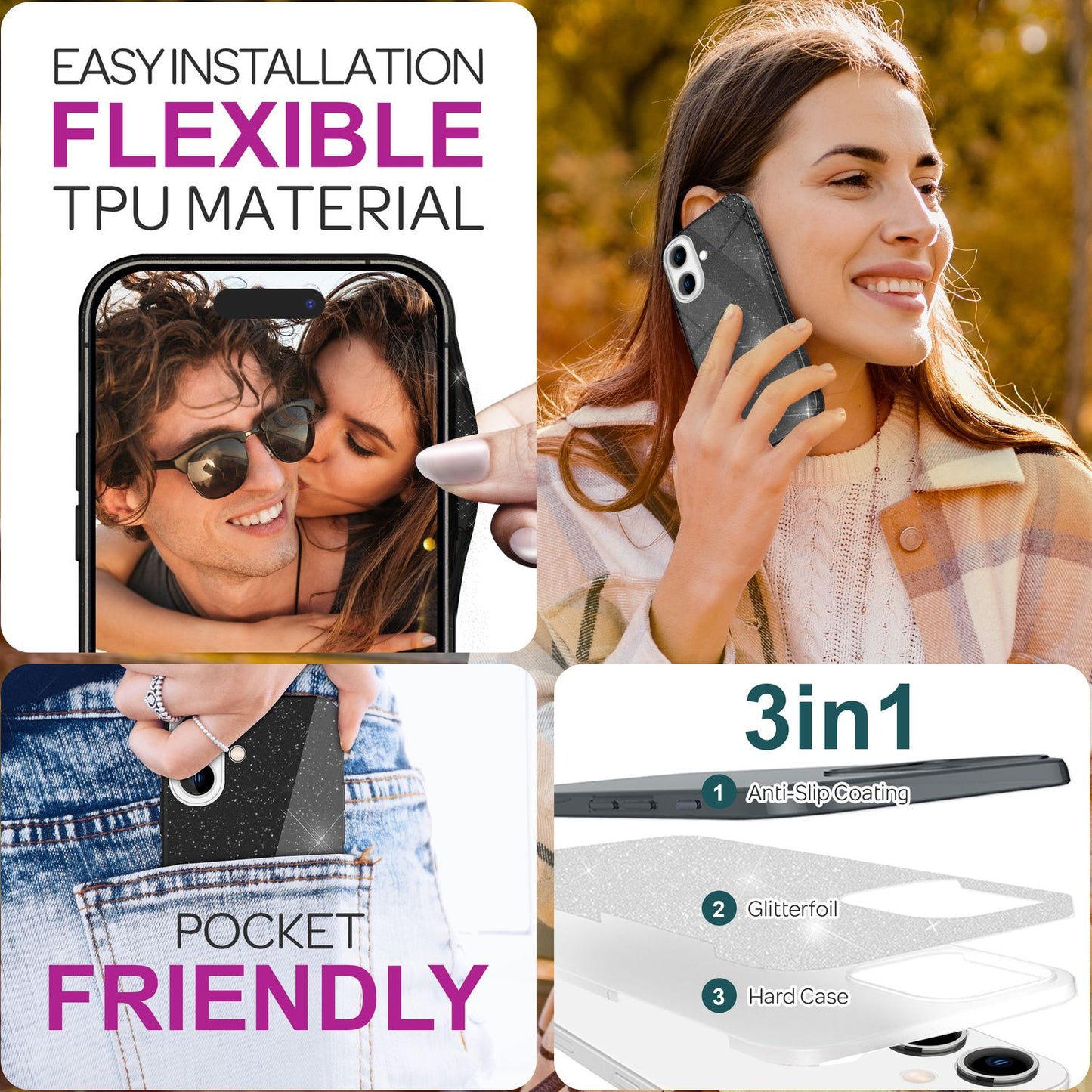 NALIA Glitzer Hybrid Hülle für iPhone 16, Verstärkte Silikon Handyhülle, Glänzende Glitzerhülle Schutz Cover