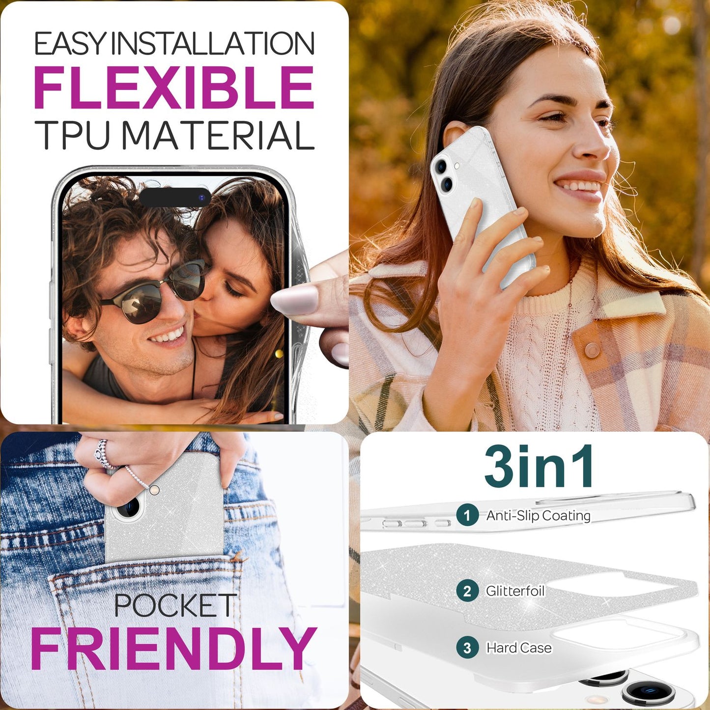 NALIA Glitzer Hybrid Hülle für iPhone 16, Verstärkte Silikon Handyhülle, Glänzende Glitzerhülle Schutz Cover