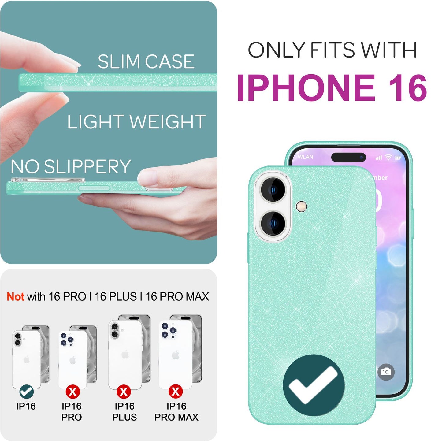 NALIA Glitzer Hybrid Hülle für iPhone 16, Verstärkte Silikon Handyhülle, Glänzende Glitzerhülle Schutz Cover