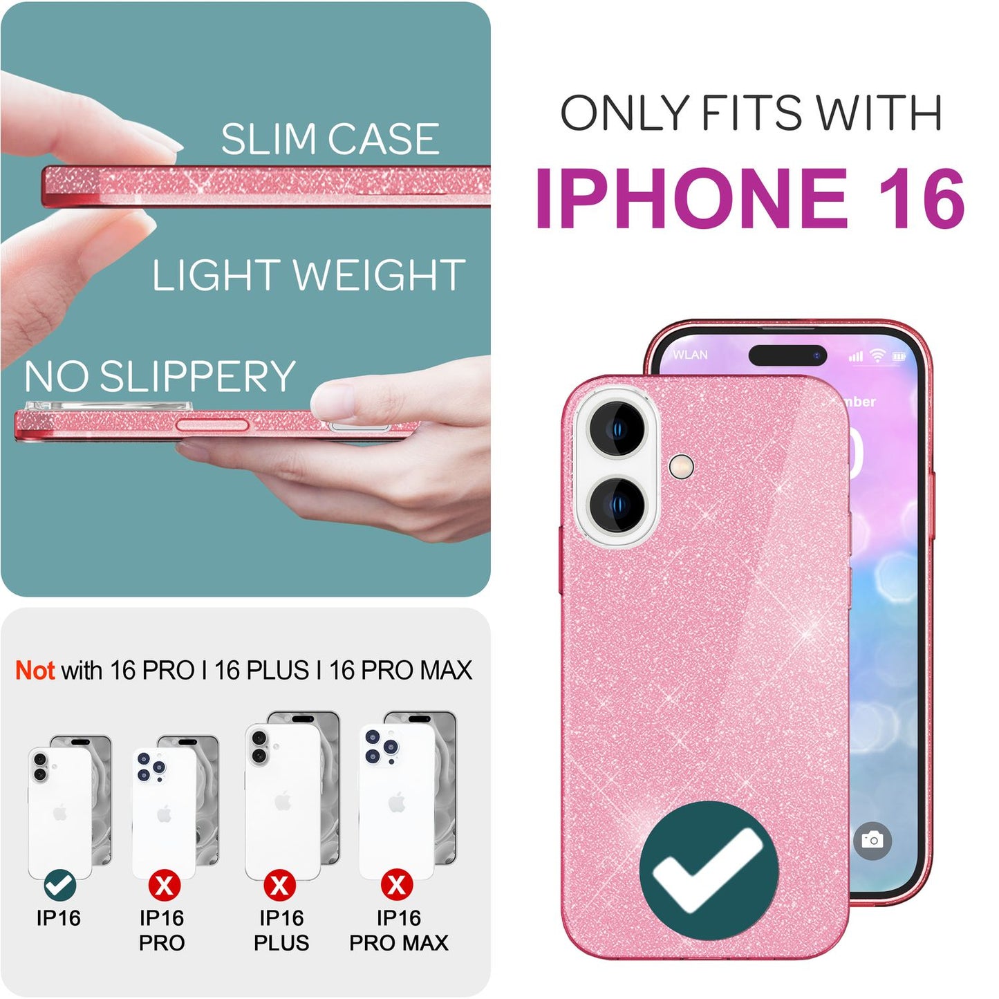 NALIA Glitzer Hybrid Hülle für iPhone 16, Verstärkte Silikon Handyhülle, Glänzende Glitzerhülle Schutz Cover