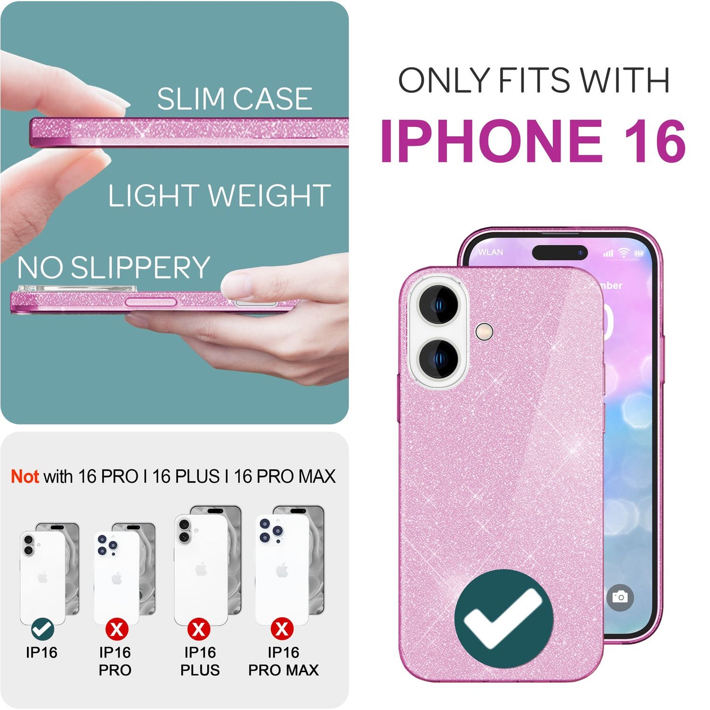 NALIA Glitzer Hybrid Hülle für iPhone 16, Verstärkte Silikon Handyhülle, Glänzende Glitzerhülle Schutz Cover