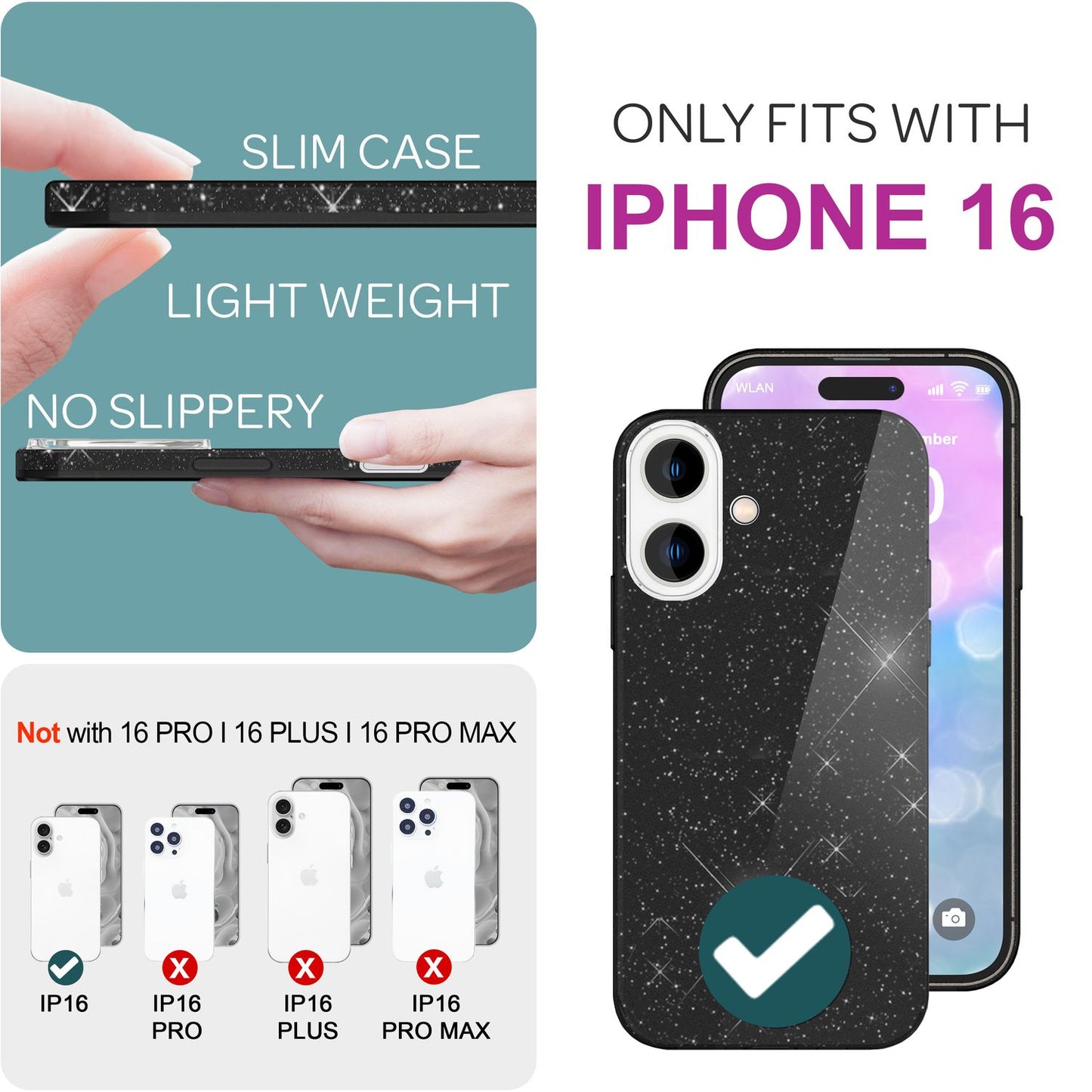 NALIA Glitzer Hybrid Hülle für iPhone 16, Verstärkte Silikon Handyhülle, Glänzende Glitzerhülle Schutz Cover