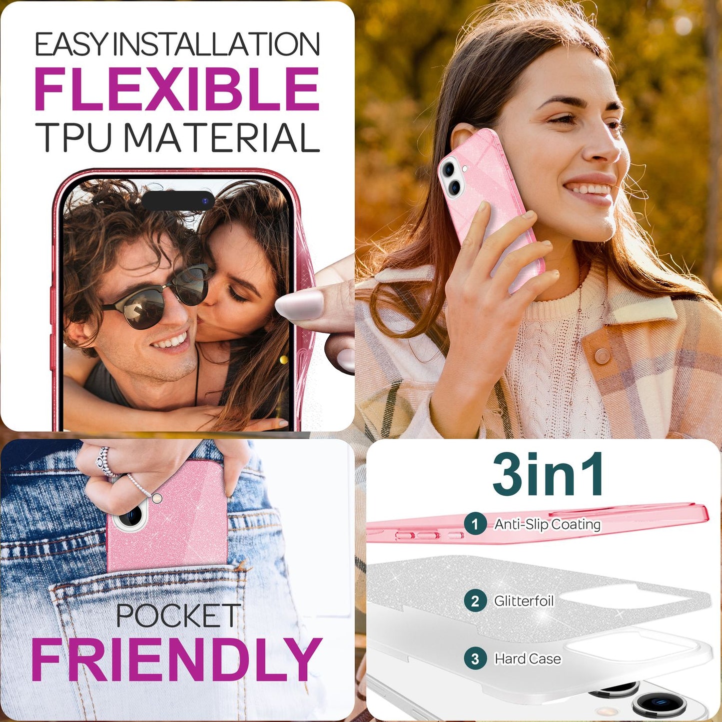 NALIA Glitzer Hybrid Hülle für iPhone 16 Plus, Verstärkte Silikon Handyhülle, Glänzende Schutz Glitzerhülle