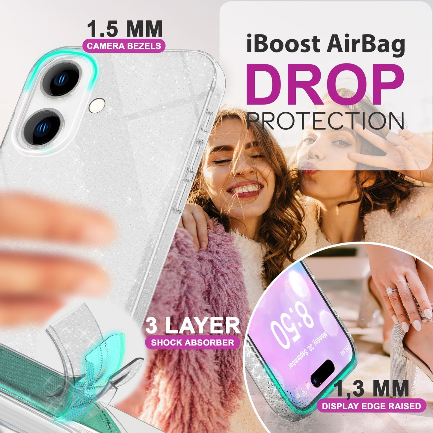 NALIA Glitzer Hybrid Hülle für iPhone 16 Plus, Verstärkte Silikon Handyhülle, Glänzende Schutz Glitzerhülle