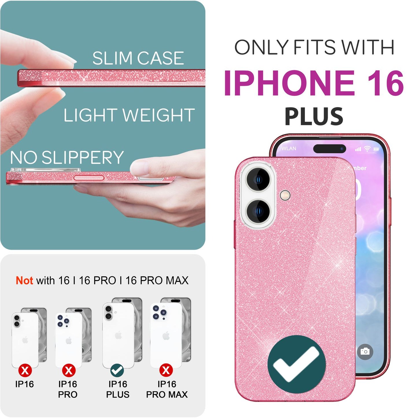 NALIA Glitzer Hybrid Hülle für iPhone 16 Plus, Verstärkte Silikon Handyhülle, Glänzende Schutz Glitzerhülle