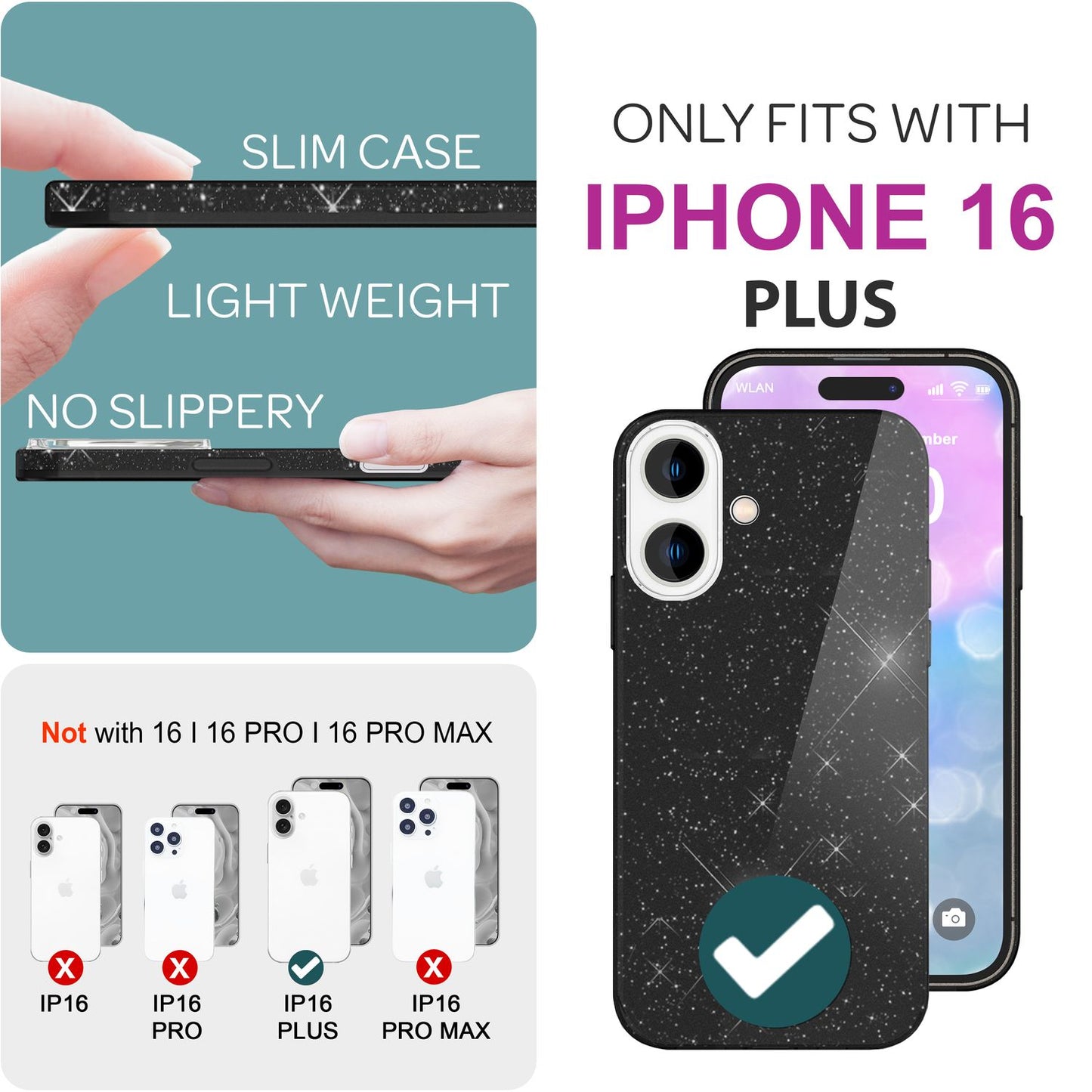 NALIA Glitzer Hybrid Hülle für iPhone 16 Plus, Verstärkte Silikon Handyhülle, Glänzende Schutz Glitzerhülle