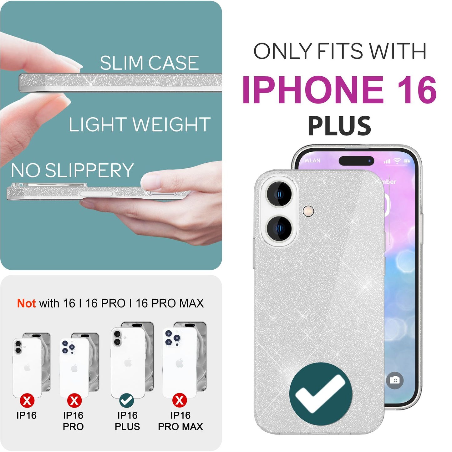 NALIA Glitzer Hybrid Hülle für iPhone 16 Plus, Verstärkte Silikon Handyhülle, Glänzende Schutz Glitzerhülle