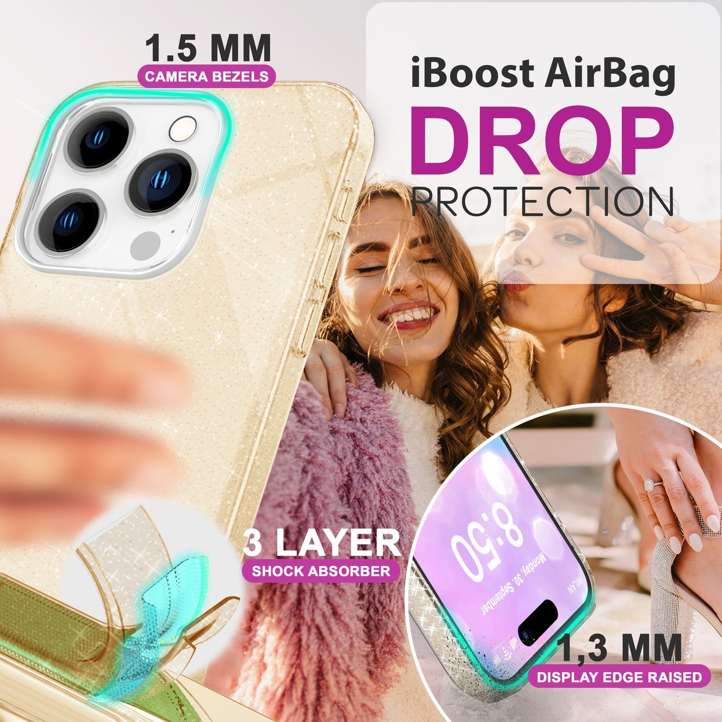 NALIA Glitzer Hybrid Hülle für iPhone 16 Pro, Verstärkte Silikon Handyhülle, Glänzende Glitzerhülle Schutz Cover