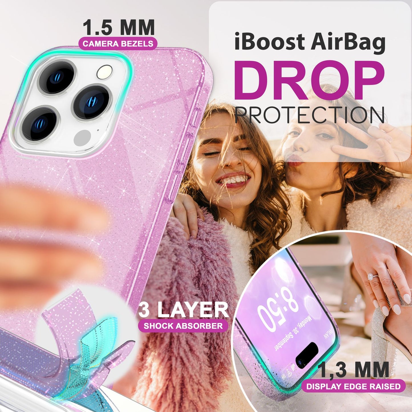 NALIA Glitzer Hybrid Hülle für iPhone 16 Pro, Verstärkte Silikon Handyhülle, Glänzende Glitzerhülle Schutz Cover