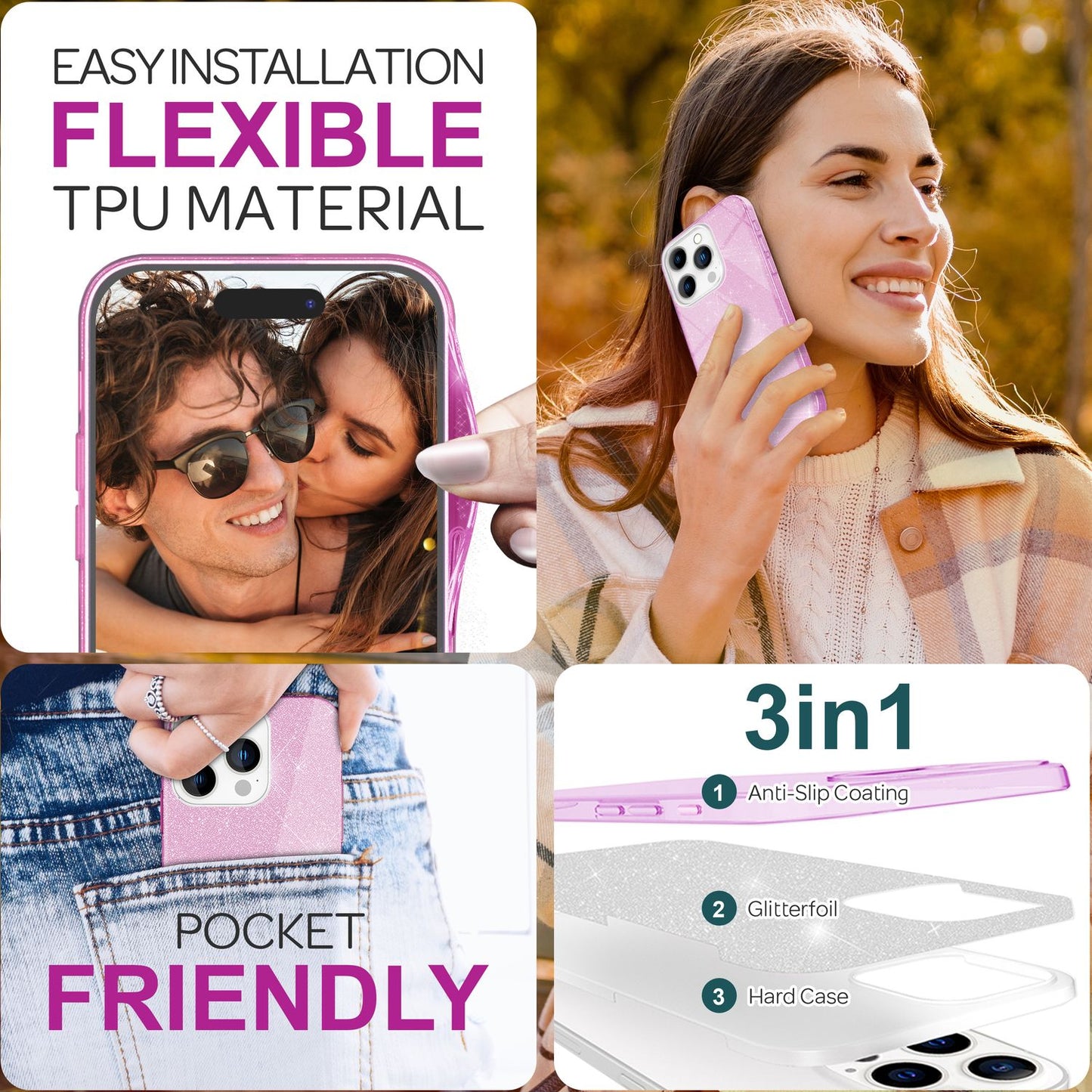 NALIA Glitzer Hybrid Hülle für iPhone 16 Pro, Verstärkte Silikon Handyhülle, Glänzende Glitzerhülle Schutz Cover