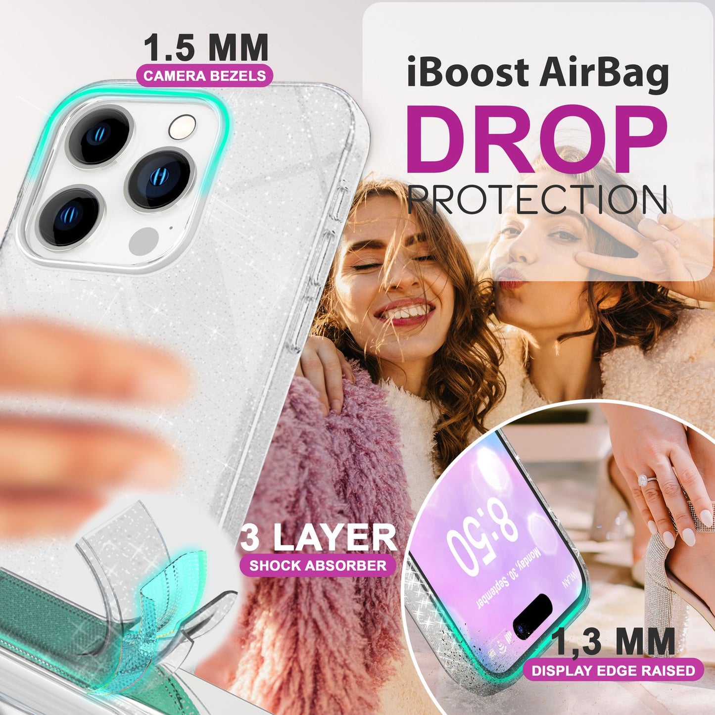 NALIA Glitzer Hybrid Hülle für iPhone 16 Pro, Verstärkte Silikon Handyhülle, Glänzende Glitzerhülle Schutz Cover