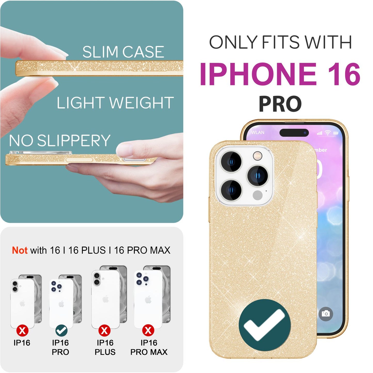 NALIA Glitzer Hybrid Hülle für iPhone 16 Pro, Verstärkte Silikon Handyhülle, Glänzende Glitzerhülle Schutz Cover