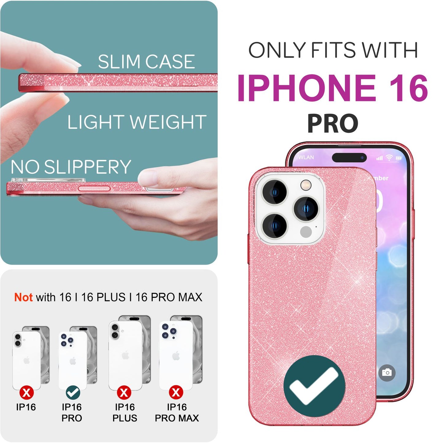 NALIA Glitzer Hybrid Hülle für iPhone 16 Pro, Verstärkte Silikon Handyhülle, Glänzende Glitzerhülle Schutz Cover