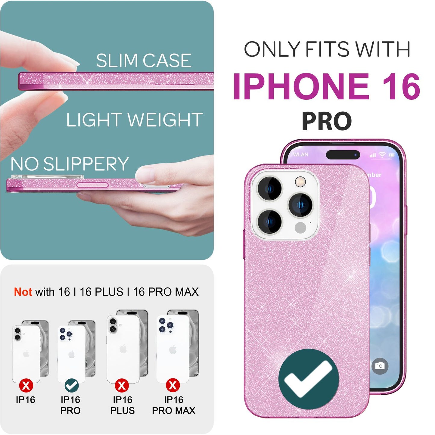 NALIA Glitzer Hybrid Hülle für iPhone 16 Pro, Verstärkte Silikon Handyhülle, Glänzende Glitzerhülle Schutz Cover