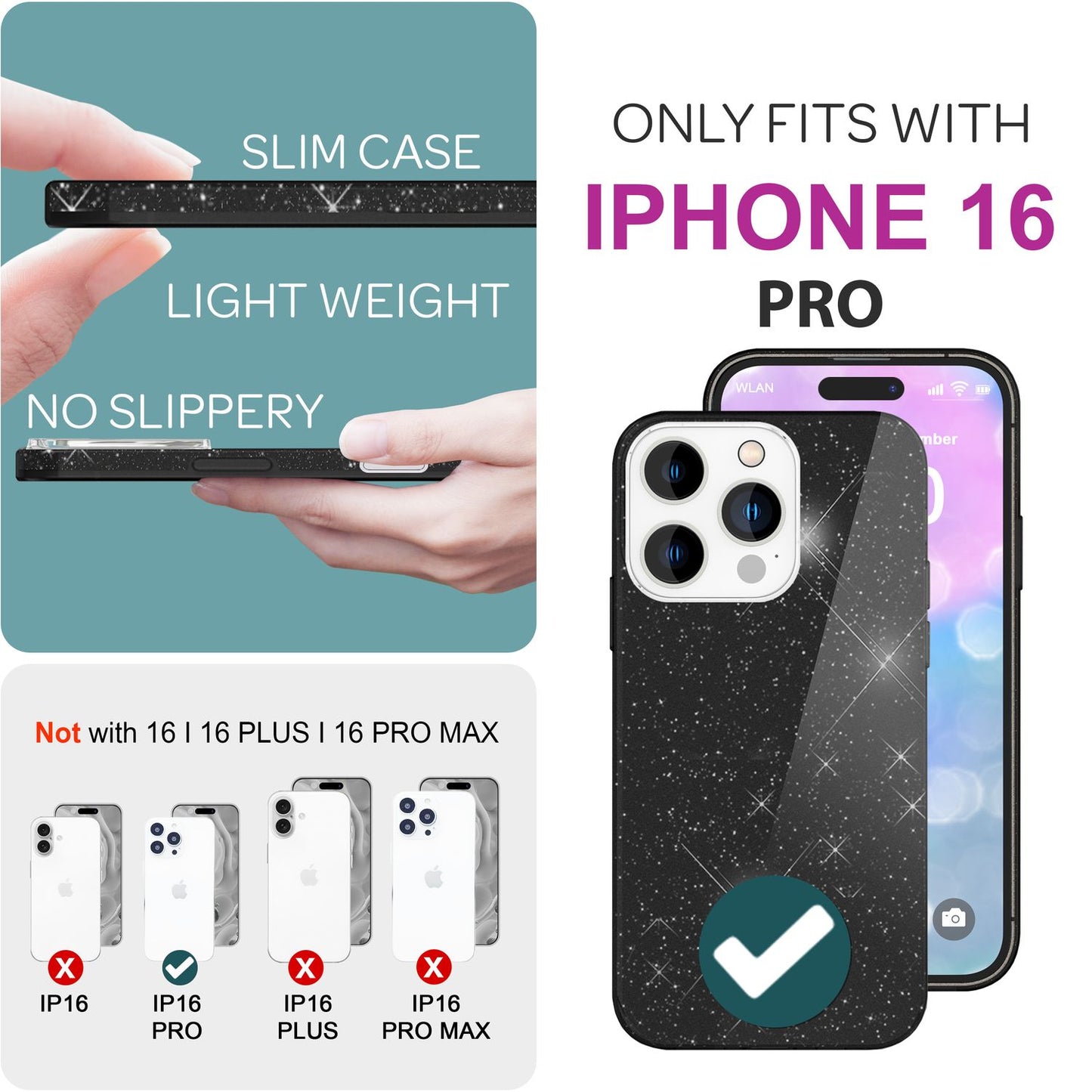 NALIA Glitzer Hybrid Hülle für iPhone 16 Pro, Verstärkte Silikon Handyhülle, Glänzende Glitzerhülle Schutz Cover