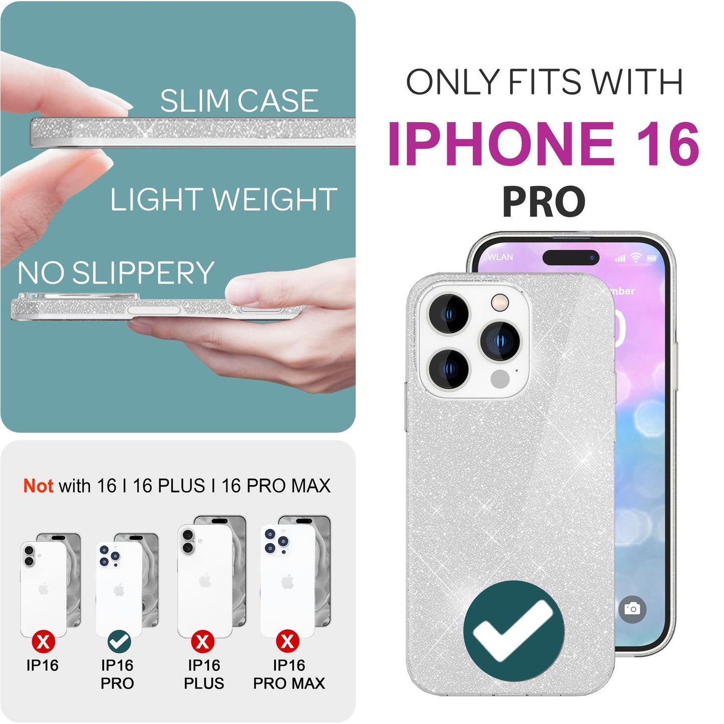 NALIA Glitzer Hybrid Hülle für iPhone 16 Pro, Verstärkte Silikon Handyhülle, Glänzende Glitzerhülle Schutz Cover