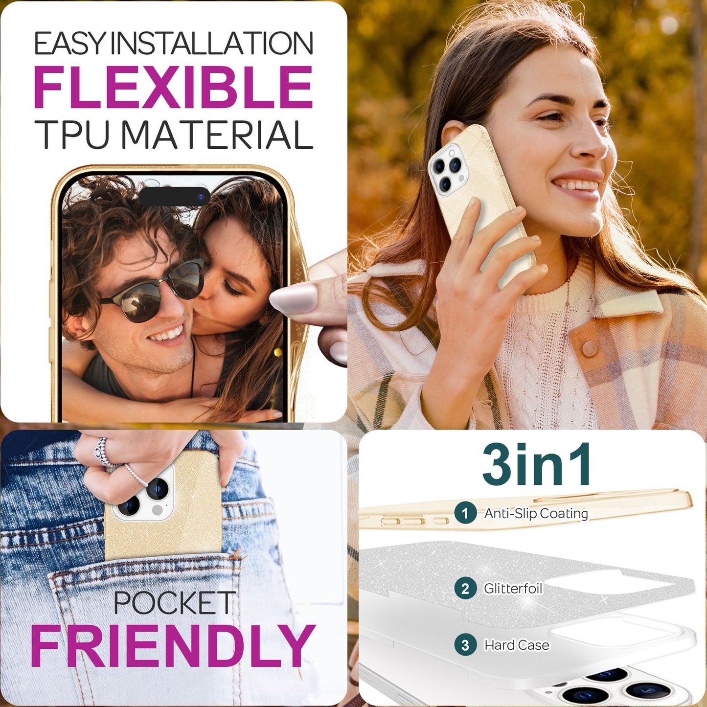 NALIA Glitzer Hybrid Hülle für iPhone 16 Pro Max, Verstärkte Silikon Handyhülle, Glänzende Glitzerhülle Cover