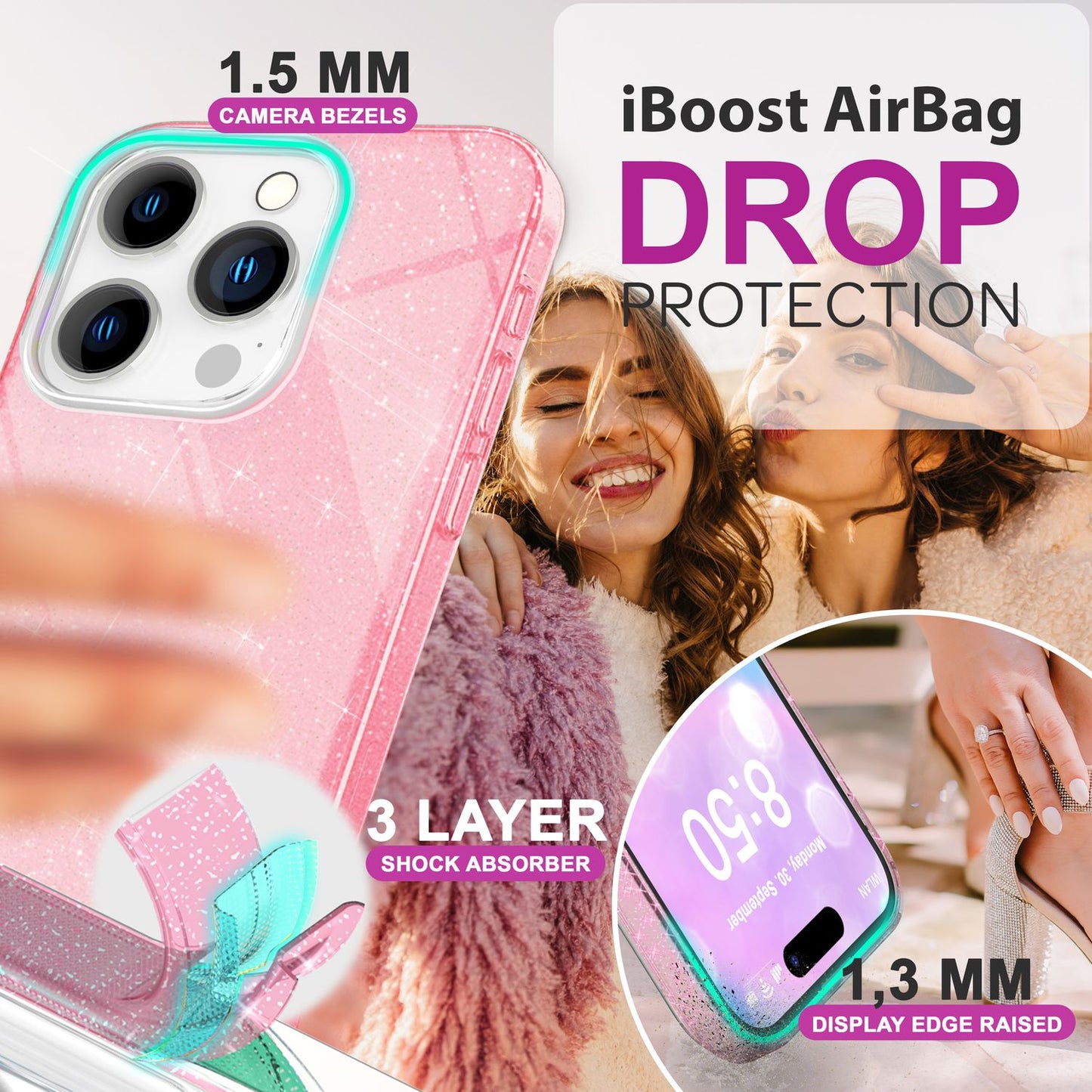 NALIA Glitzer Hybrid Hülle für iPhone 16 Pro Max, Verstärkte Silikon Handyhülle, Glänzende Glitzerhülle Cover