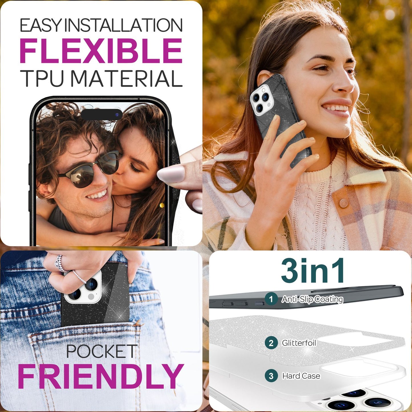 NALIA Glitzer Hybrid Hülle für iPhone 16 Pro Max, Verstärkte Silikon Handyhülle, Glänzende Glitzerhülle Cover